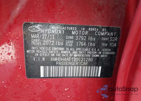2011 Hyundai Elantra Limited (Ulsan Plant) from USA, damaged, VIN KMHDH4AE1BU131280
